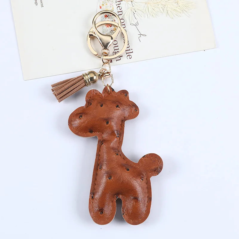 Fashion Cute PU Leather Giraffe keychain for Women Emboss Tassel Animal Key Chain Handbag Car Key Decoration Jewelry Gift