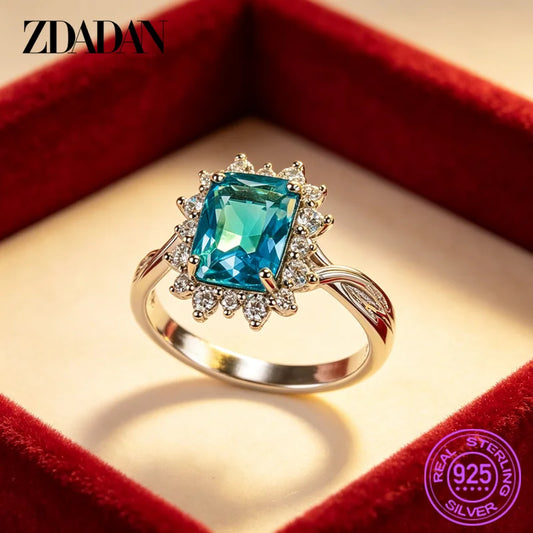 ZDADAN 925 Sterling Silver Light Blue Zircon Ring For Women Bride Jewelry Party Gift