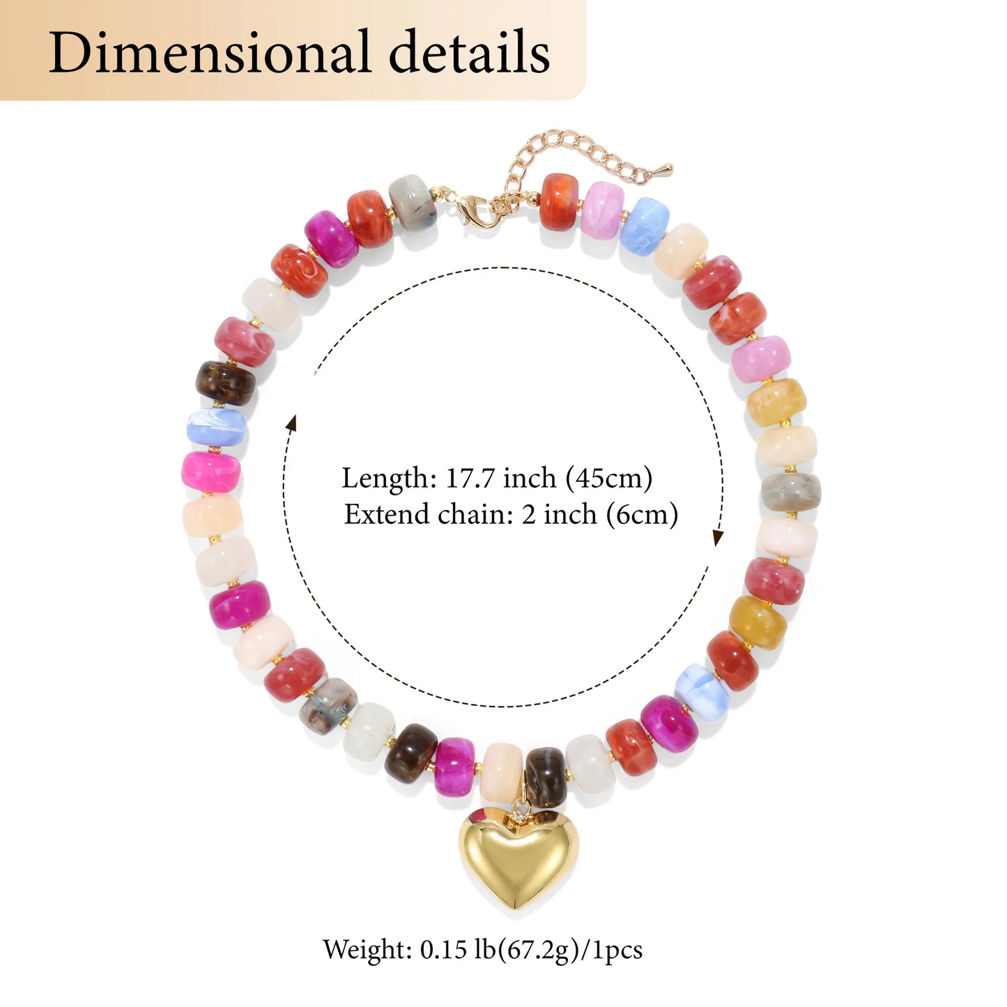Fashion Colorful Acrylic Geometric Round Beads Heart Pendant Necklace Boho Love Heart Beaded Choker Necklaces Women Jewelry Gift
