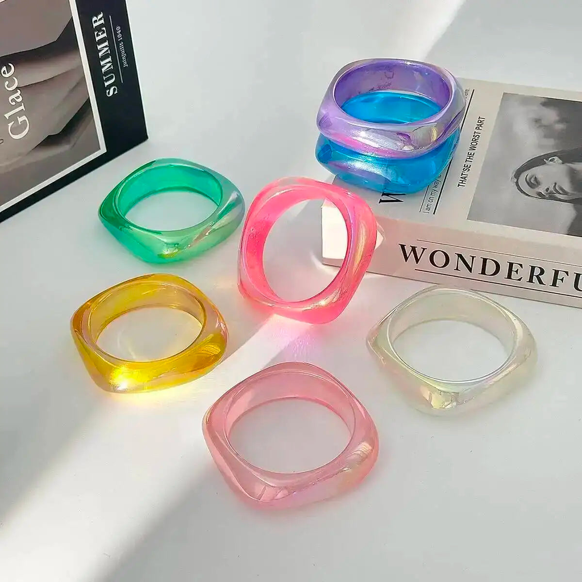 Lacteo 7 Styles Punk Hip Hop Colorful Transparent Resin Bangles Bracelets Women Creative Boho Chunky Bangles Aesthetics Jewelry