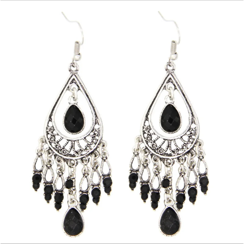 Bohemian Ethnic Style Antique Silver Color Alloy Hollow Acrylic Resin Gems Water Droplet Tassel Earrings Women Vacation Jewelry