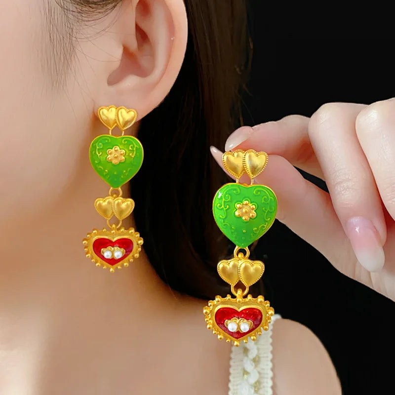 Vintage Bracelet Earrings Set for Women Drip Oil Love Flower Drop Earrings Light Luxury Jewelry Sets Wedding Party Gift