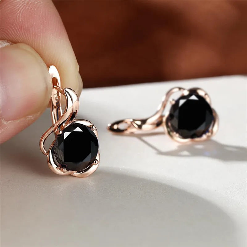 Female Crystal Round Red Green Purple Zircon Stone Flower Hoop Earrings Charm Rose Gold Color Wedding Jewelry Earrings For Women