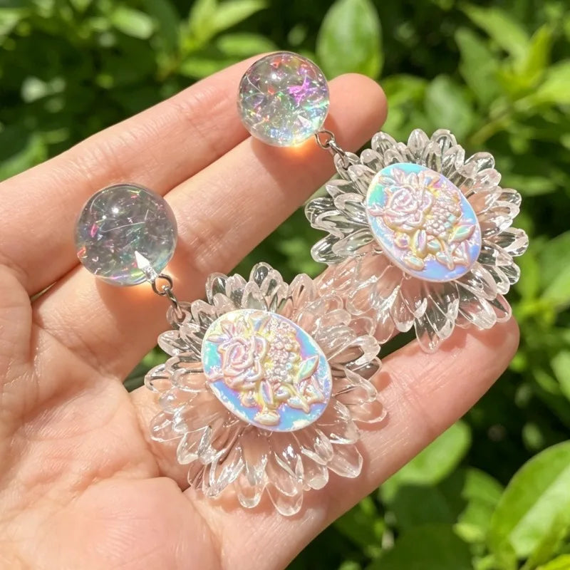 Transparent Flowers Women Earrings Sweet Light Luxury Fashion Jewelry Elegant Vintage Palace Style Pendientes Mujer