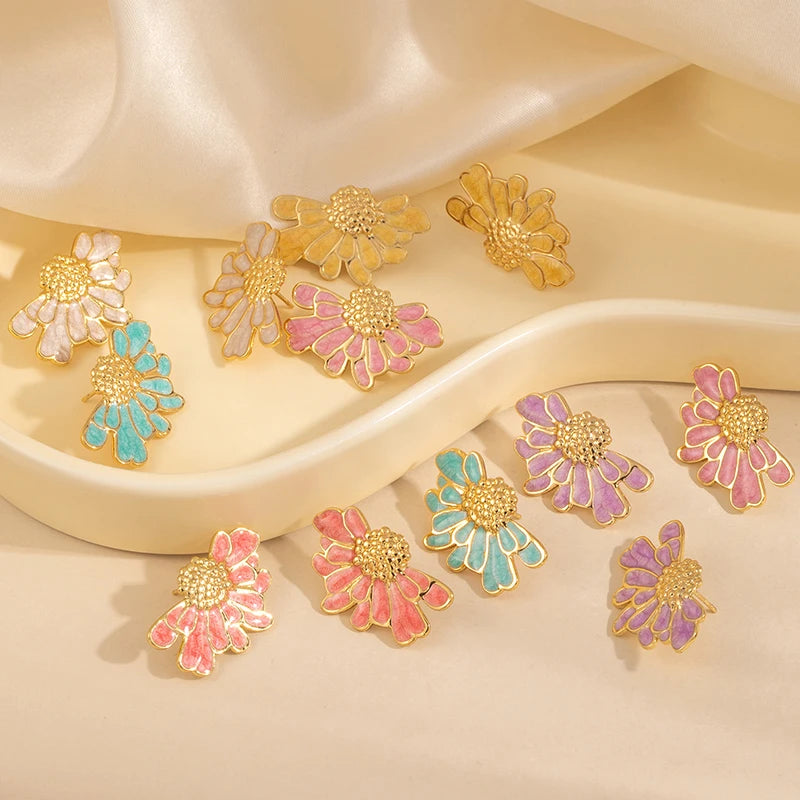 ANENJERY 316L Stainless Steel Drop Oil Flower Stud Earrings For Women Temperament Vintage Elegant Simple Jewelry Gifts Wholesale