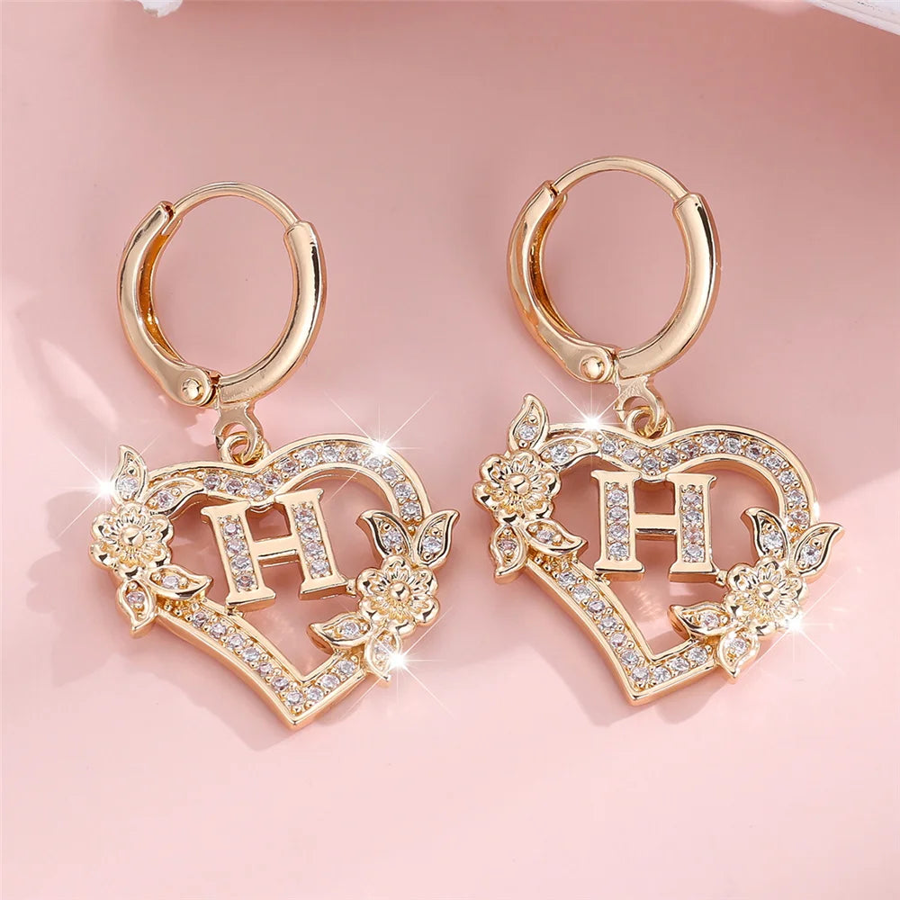 Female A-Z 26 Letter Heart Flower Hoop Earrings Yellow Gold Color White Zircon Wedding Jewelry For Women