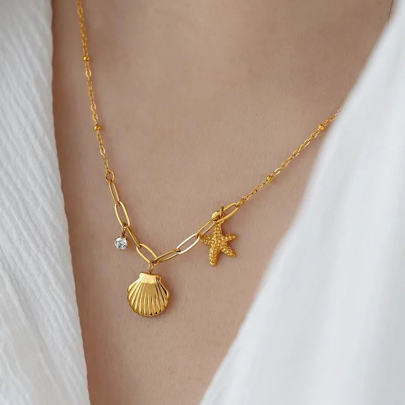 EILIECK 316L Stainless Steel Pearl Shell Starfish Sun Charm Necklace For Women Ocean Style Gold Plated Handmade Holiday Jewelry