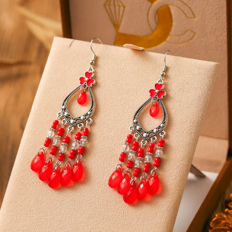 New Bohemian Long Rice Bead Water Drop Earrings for Women Ethnic Retro Drop Oil Hollow Dangle Earrings Vacation Party Jewelry