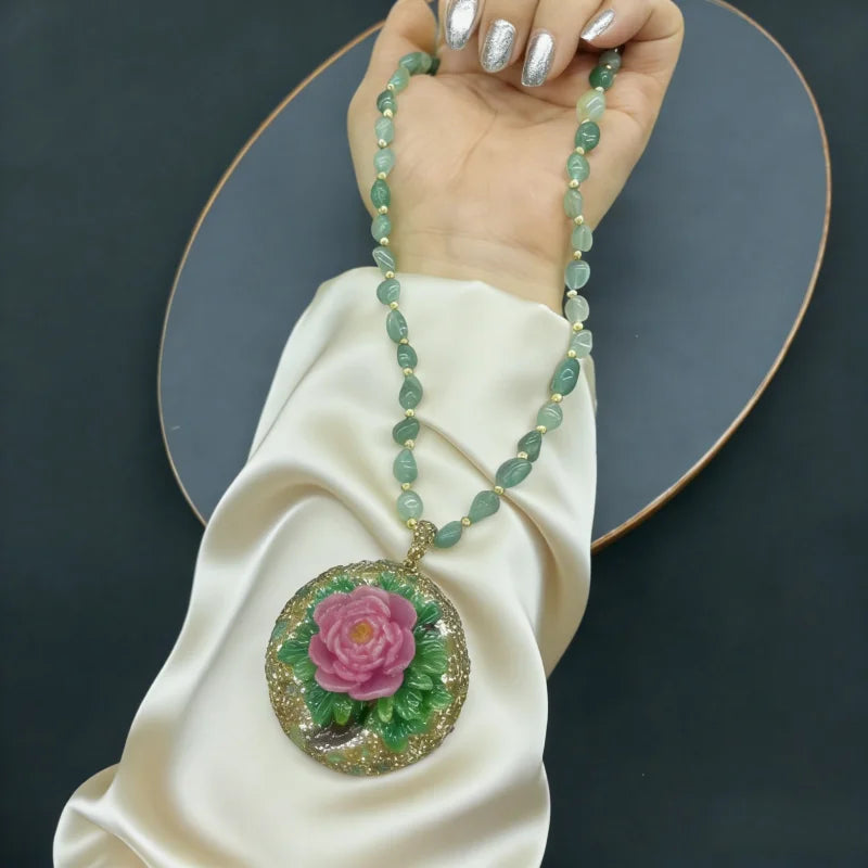 Turkish Natural Tourmaline Crystal Stone Neckalce Jade 3D Peony Flower Pattern Gemstone Pendant Charm Chain Women Lucky Jewelry