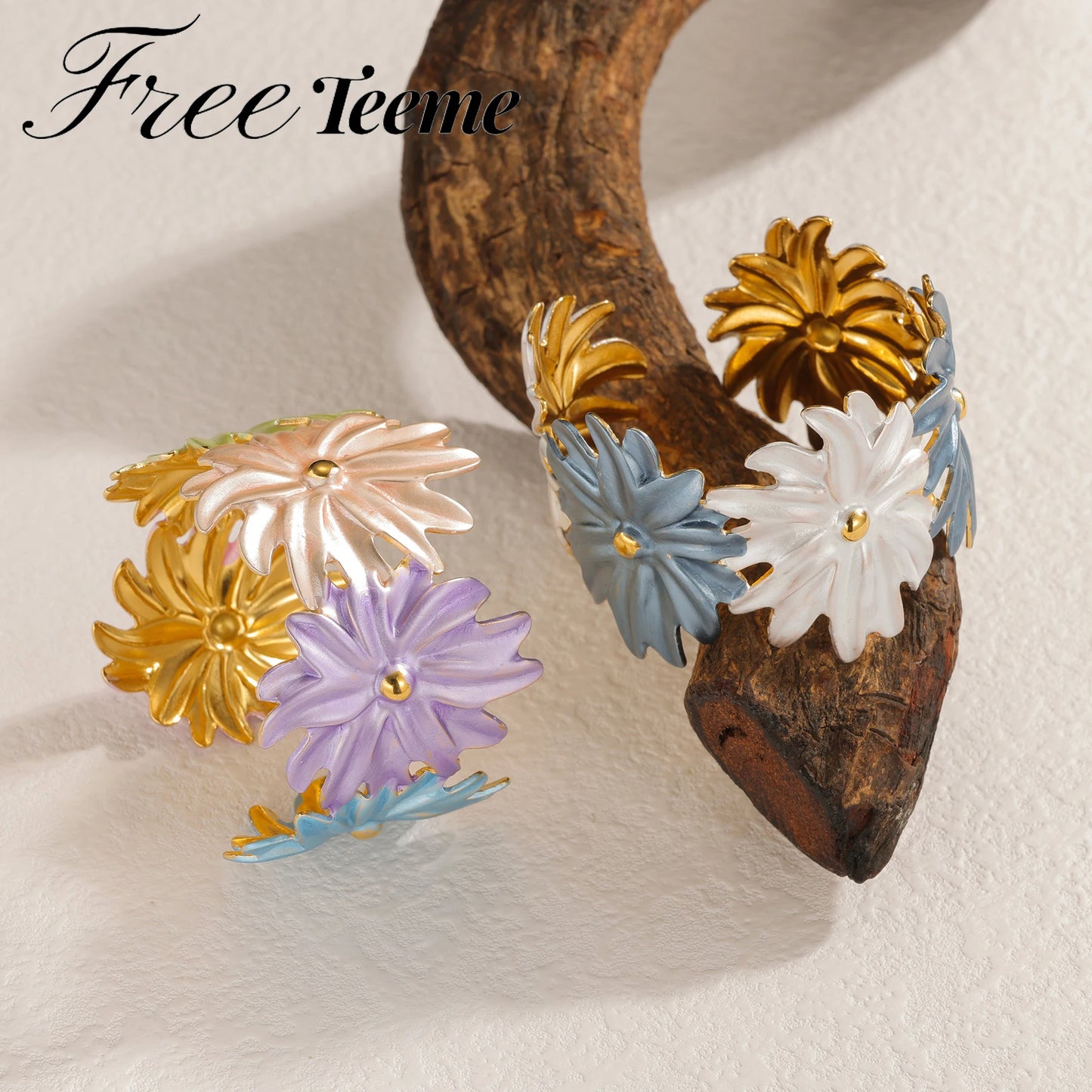 Freeteeme New Exaggerated Daisy Cuff Bracelet Stainless Steel for Women Large Size Wide Open Bangle Birthday Jewelry Daily Gifts
