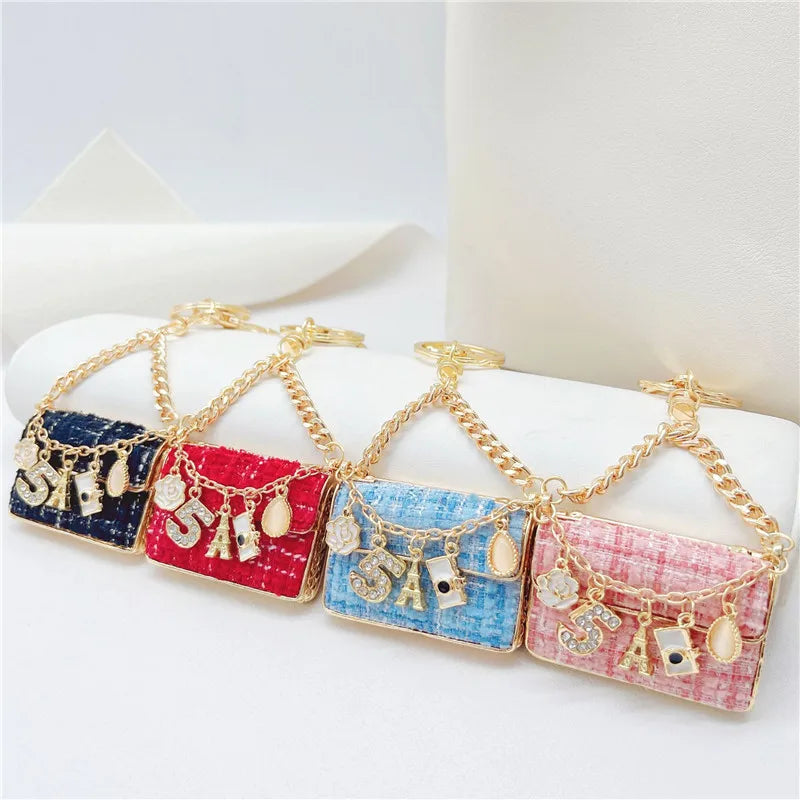 Cute Mini Coin Purses  Keychain with Eiffel  Tower and Number 5 Small Earphone Box Fabric Bag Key Ring
