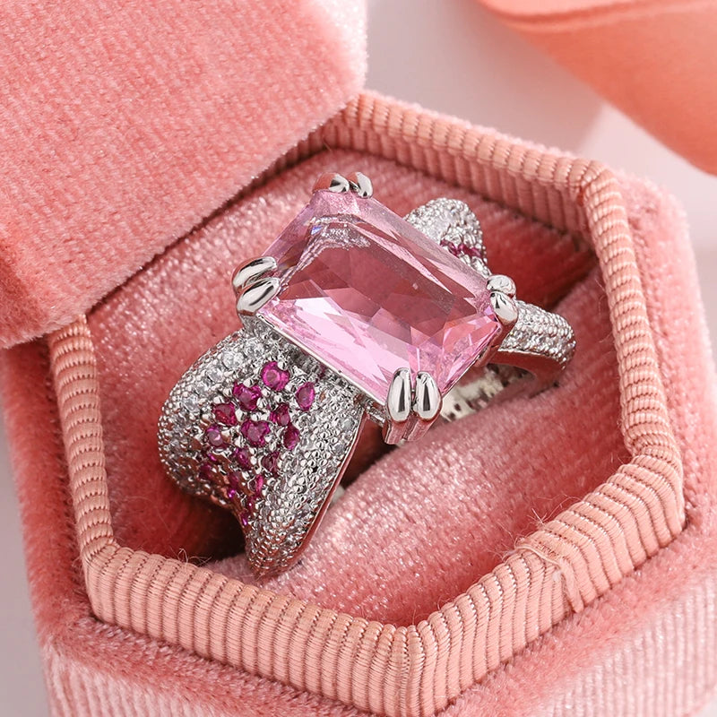 Sweet Pink Cubic Zirconia Ring for Women's Engagement Wedding Luxury Sparkling 925 Silver Plated Fashion Jewelry Gift