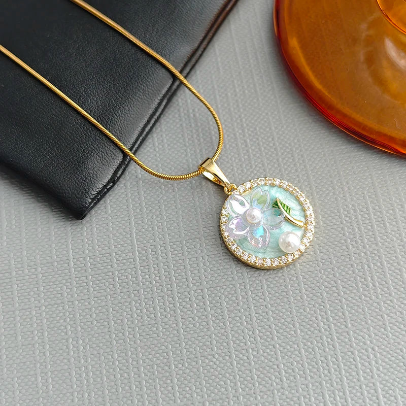 ANENJERY 316L Stainless Steel Pink Blue Round Card Flower Necklace For Women Glamorous French Lady Jewelry Gifts Wholesale