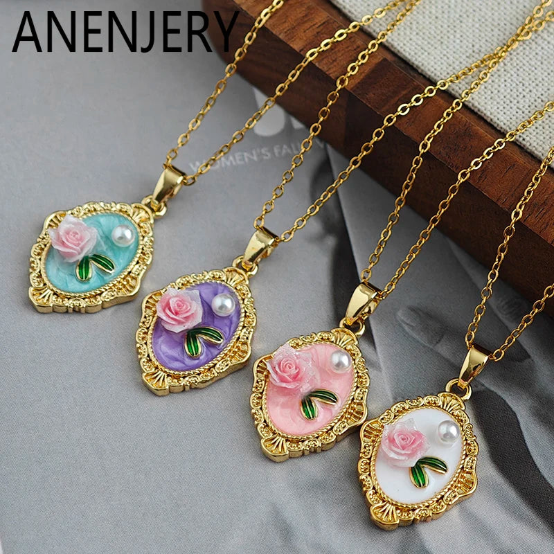 ANENJERY 316L Stainless Steel Irregular Pendant Flower Butterfly Heart Necklace For Women Romantic Niche Jewelry Gifts Wholesale