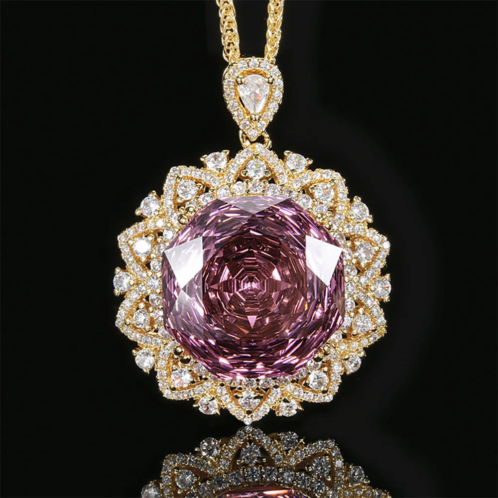 Retro 18*18mm Amethyst Pink Quartz Lab Diamond Gold Pendant Necklace for Women Cocktail Party Fine Jewelry Accessories Gifts
