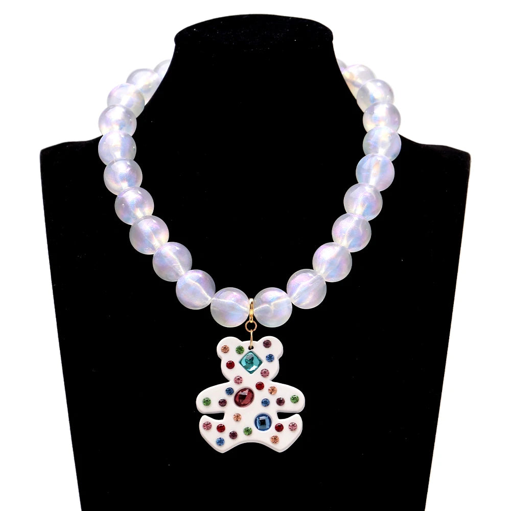 Fashion Acrylic Big Round Beads Bear Pendant Necklace for Women Colorful Geometric Beaded Choker Necklace Party Jewelry Gift