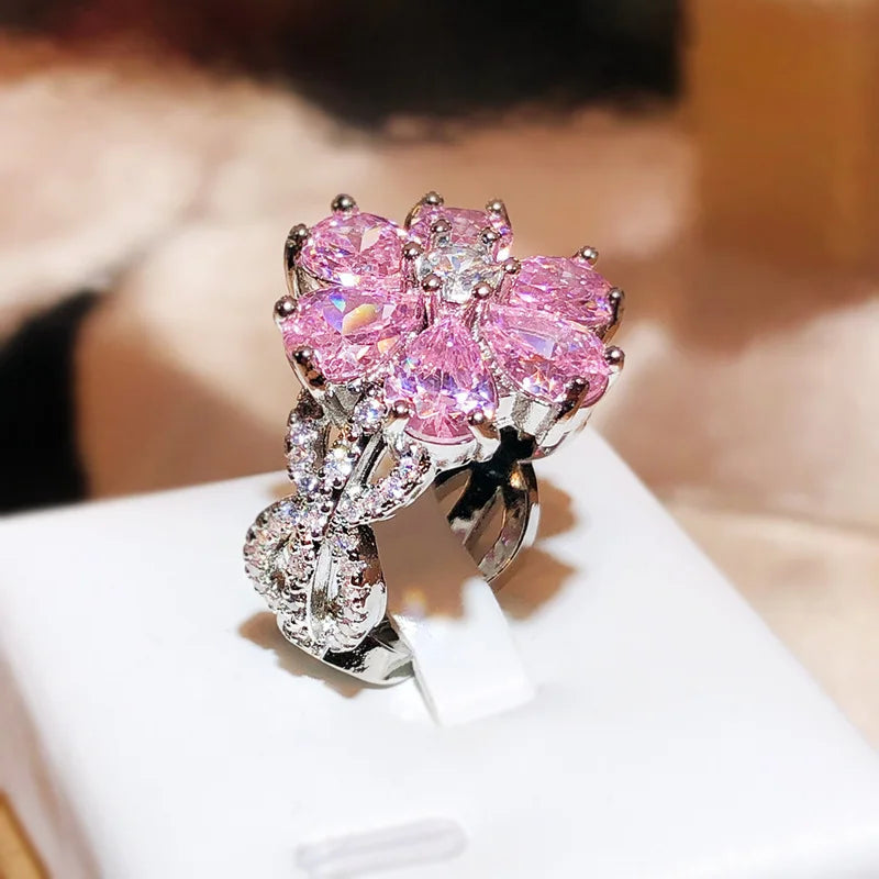 Cute Female Pink Crystal Stone Ring Charm Upscale Thin 925 Sterling Silver Wedding Rings for Women Bride Flower Zircon Jewelry