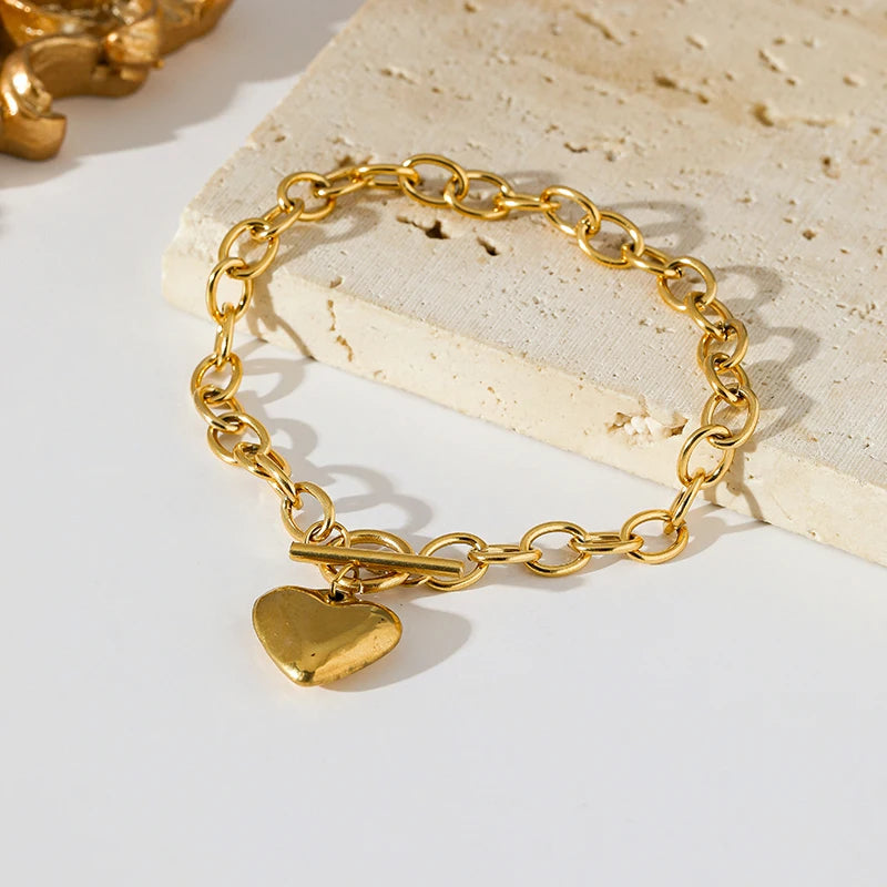 EILIECK 316L Stainless Steel Gold Color Smooth Heart Charm Necklace Bracelets Set For Women Trendy Waterproof Jewelry Lady Gift