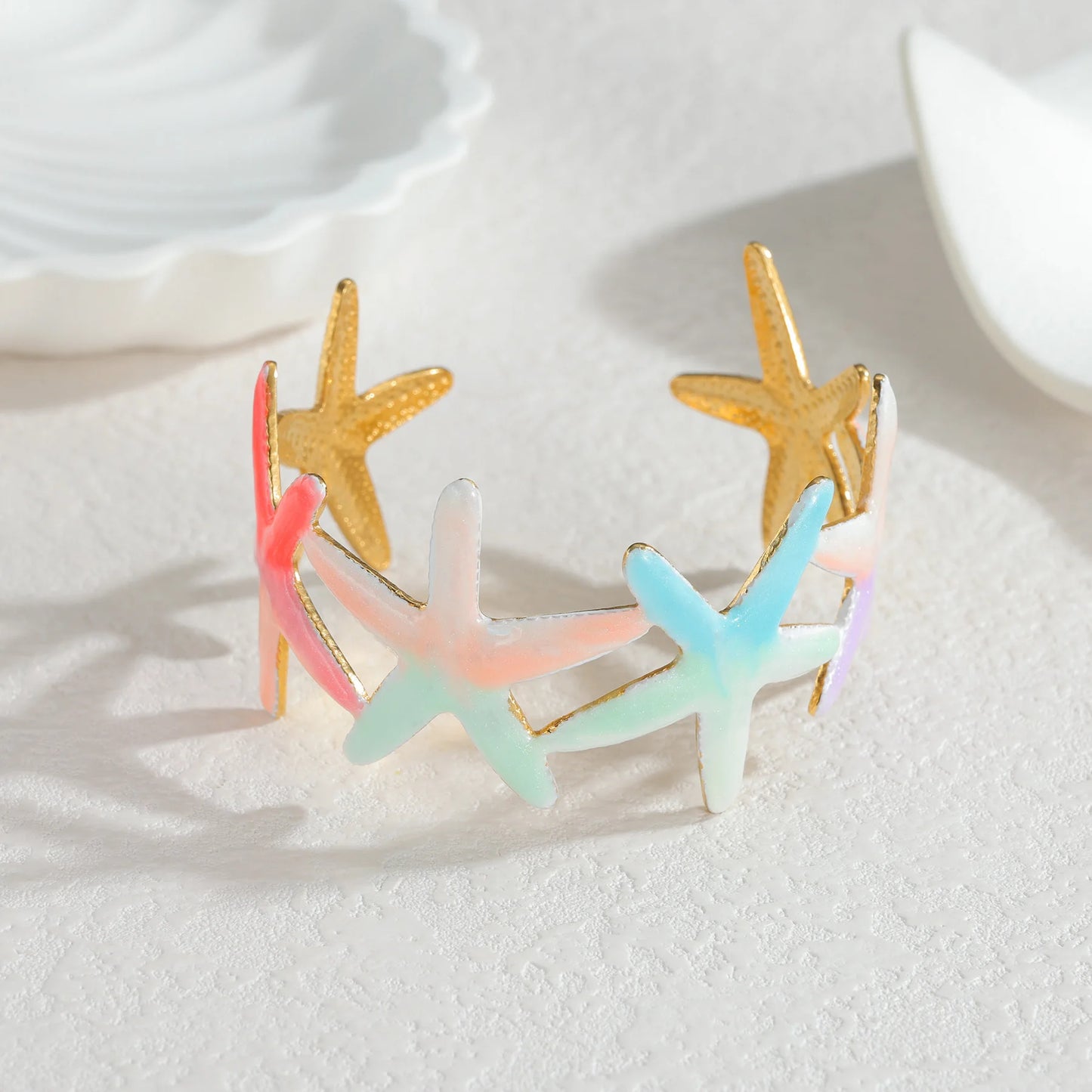 Freeteeme Stylish Colorful Oil Dripping Shell Starfish Bangle for Women Stainless Steel Ocean Series Open Bracelets Beach Gifts