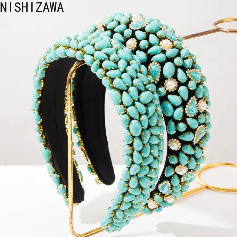 Baroque Headband for Women Heavy Craft Turquoise Pearl Hair Hoop Vintage Court Luxury Hair Accessories Party Statement Hairband