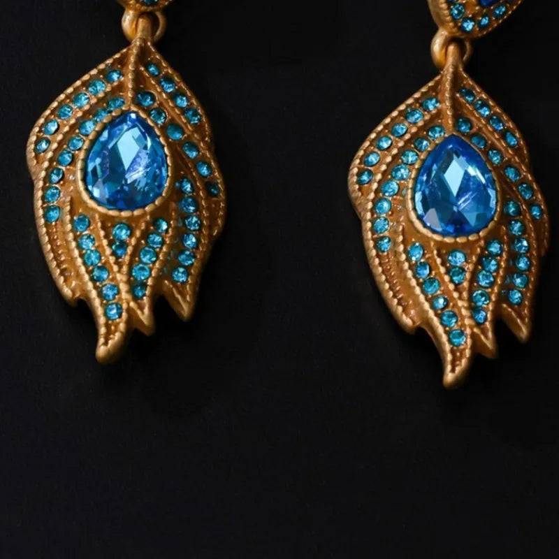 Blue Rhinestones Earrings for Women Exquisite Light Luxury Fashion Jewelry Feather-shaped Vintage Palace Style Aretes De Mujer