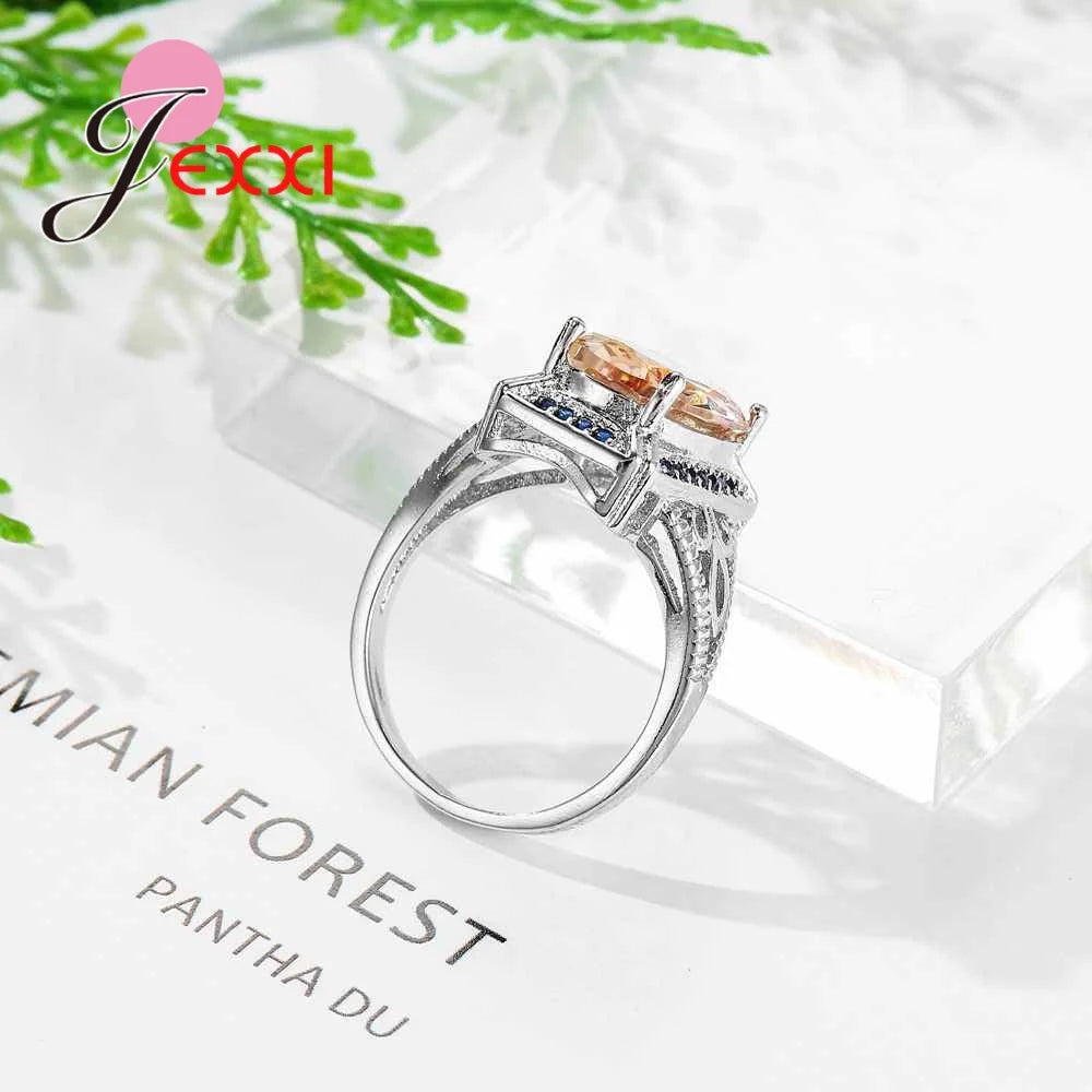 New Arrival Women 925 Sterling Silver Color Beautiful Wedding Ring Light Blue And Champagne Color Cubic Zirconia Jewelry Rings