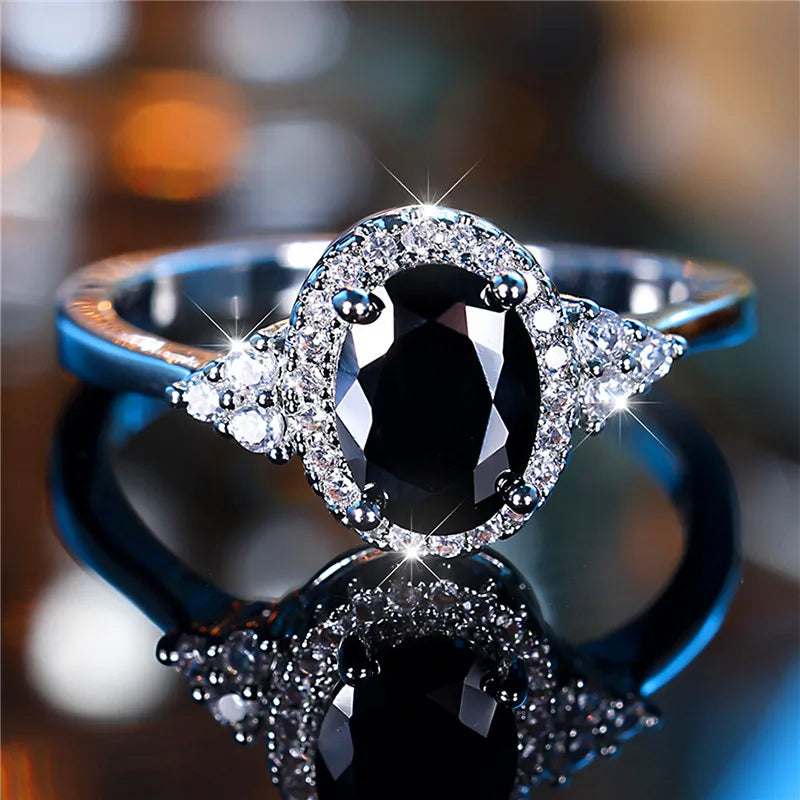 Cute Female Black Oval Zircon Stone Engagement Ring Trendy Silver Color Bride Wedding Jewelry Gift For Women