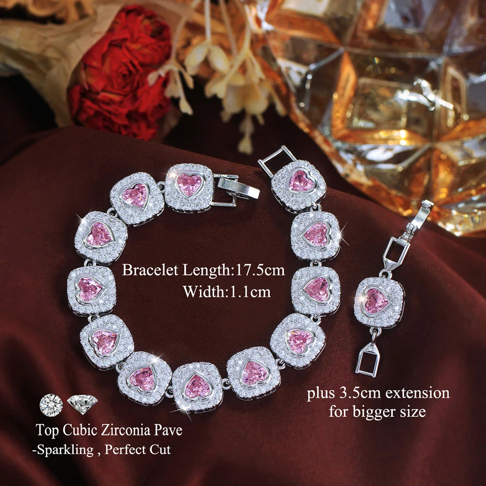ThreeGraces Luxury Brilliant Pink Heart Zirconia Bridal Wedding Evening Party Geometric Link Chain Bracelet for Women BR474