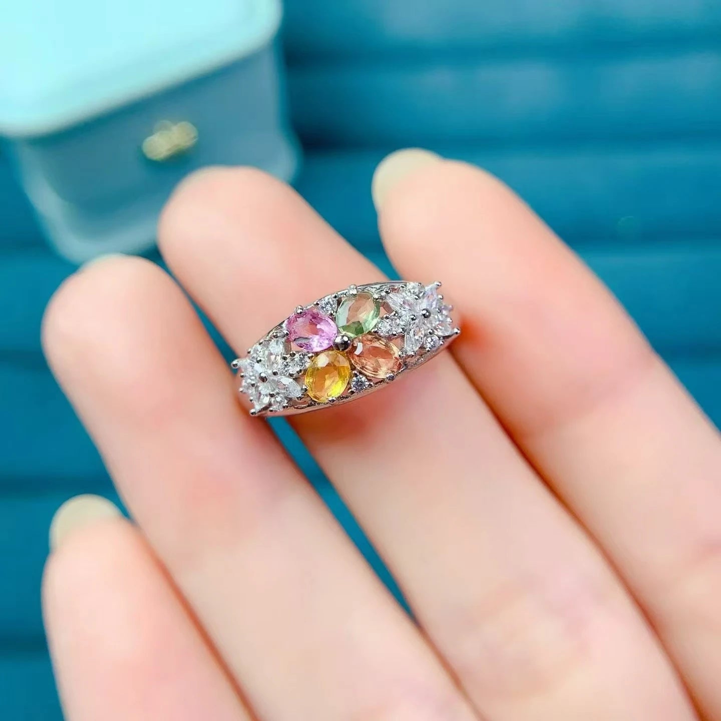 Guarantee Natural Sapphire Ring 3x4mm Multi-color Sapphire Silver Ring with Free Jewelry Certificate Gift for Women