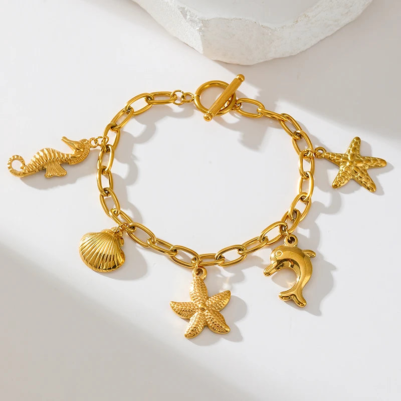 EILIECK 316L Stainless Steel Metal Starfish Shell Seahorse Bracelet For Women Trendy Wrist Chain Waterproof Beach Jewelry Gift