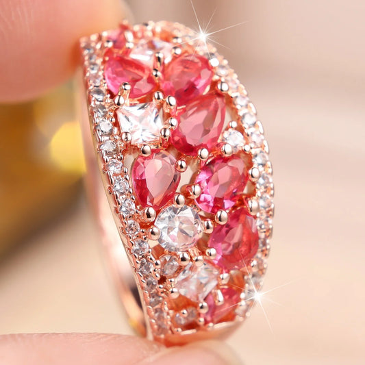 Small Charm Female Red Rose Zircon Stone Round Ring Gold Color Wedding Jewelry For Women