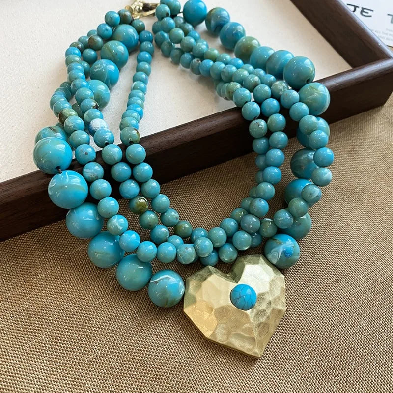 Multilayer Acrylic Beaded Necklaces Geometric Heart Pendant Turquoise Boho Vintage Ethnic Chokers Collarbone Chain Women Jewelry
