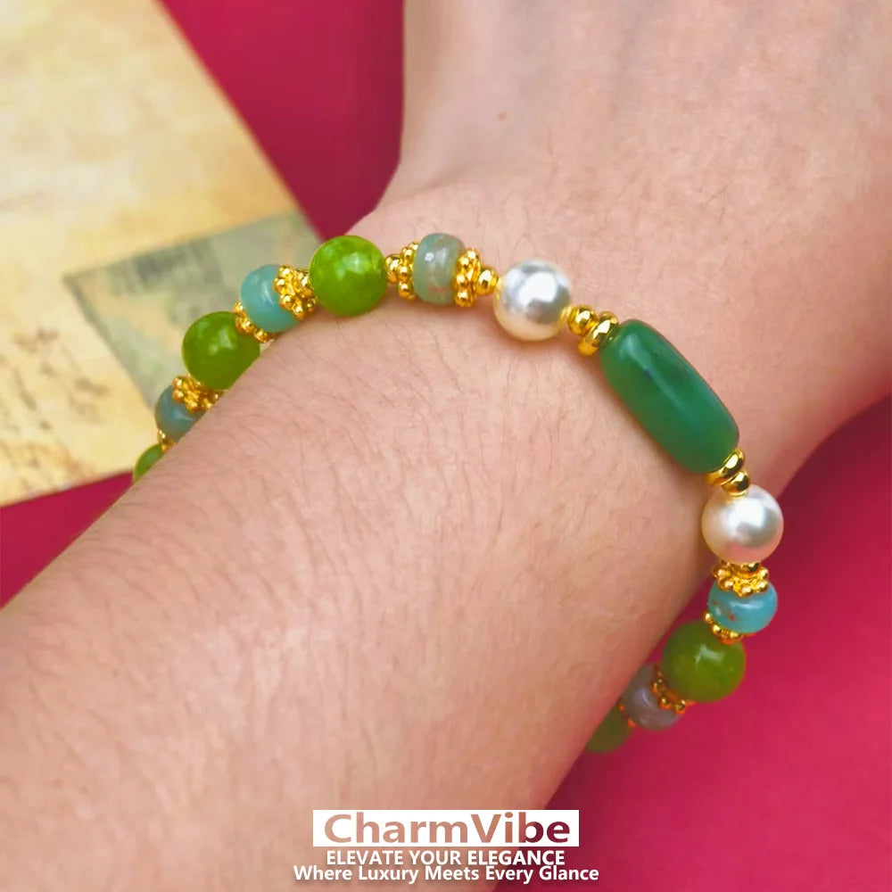 Natural Green stone Bracelet for Women Golden Pearl Adjustable Lobster Clasp Bracelet Boho Wedding Party Jewelry Gift