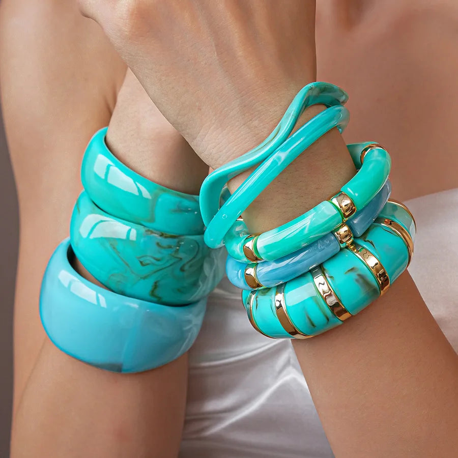 KMVEXO Vintage Turquoise Blue Geometric Resin Bangle Women Irregular Wide Bracelet Ladies Bohemian Beach Acrylic Bangles Jewelry