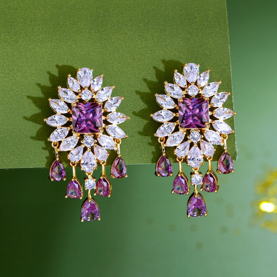 ThreeGraces Luxury Shining Purple White Zirconia Big Long Bridal Wedding Party Tassel Drop Earrings for Women Chic Jewelry E2009