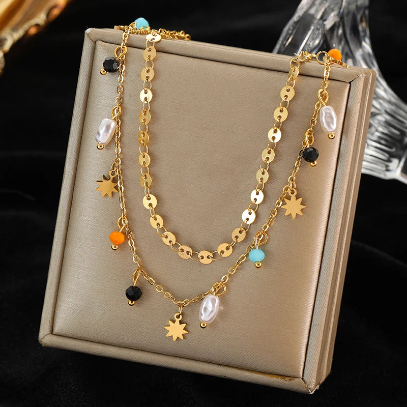 EILIECK 316L Stainless Steel Artificial Turquoise Pendant Necklace for Women Fashion Waterproof 2 Layer Neck Chain Jewelry Gift