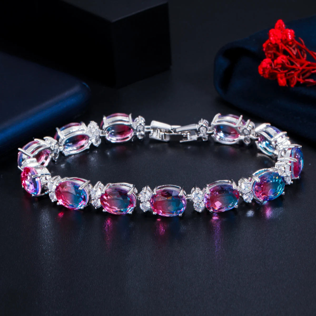 ThreeGraces Mystical Rainbow Cubic Zirconia Stones Silver Color Fashion Bridal Party Link Chain Bracelet for Women Jewelry BR380