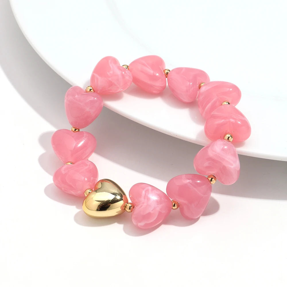 Sweet Resin Love Heart Beads Elastic Bracelets for Women Cute Geometric Heart Shape Stretch Bracelet Party Jewelry Gifts