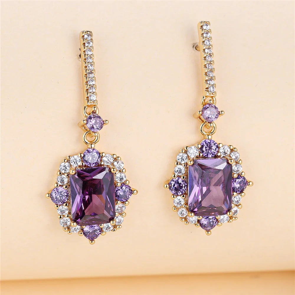 Luxury Female Purple Red Square Zircon Stone Drop Dangle Earrings Unique Gold Color Evening Jewelry For Women