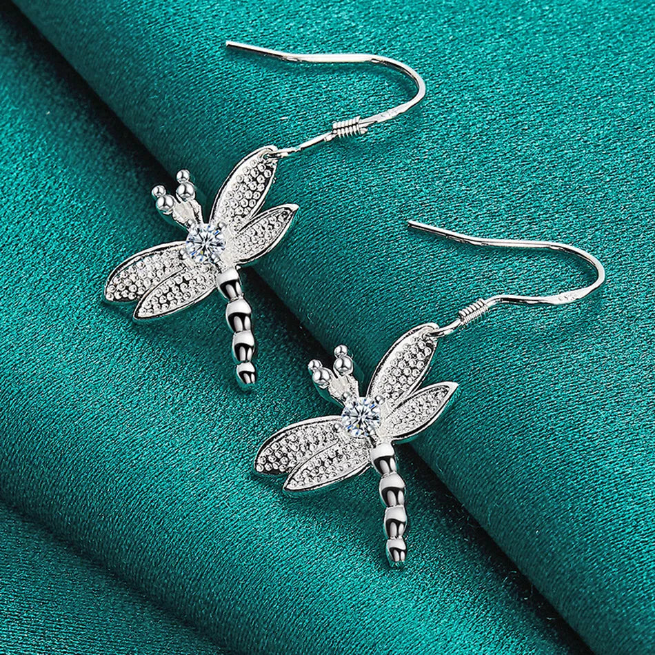 URMYLADY 925 Sterling Silver Dragonfly Zircon Earrings For Women Fashion Wedding Engagement Party Jewelry