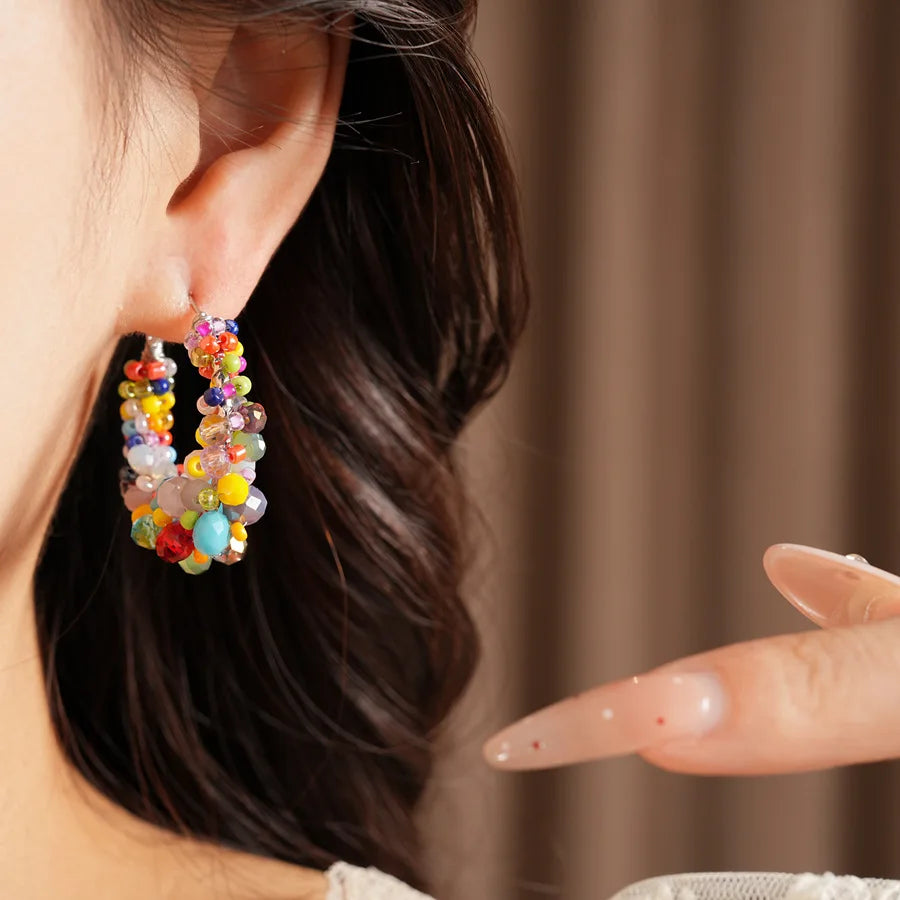 Colorful Glass Beaded Cluster Hoop Earrings for Women Shiny Wrapped Circle Huggie Earrings Vacation Festival Beach Jewelry N