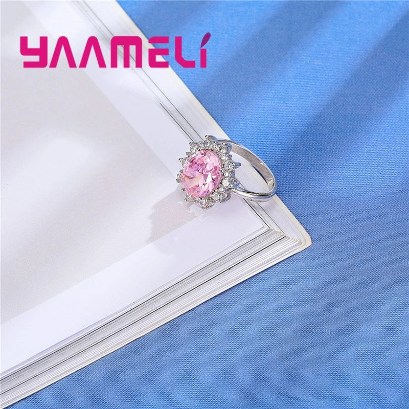 Gorgeous Sweet Real 925 Sterling Silver Color Big Oval Pink Crystals Rings For Lady Women Wedding Engagement Fashion Anel
