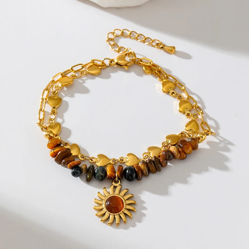 EILIECK 316L Stainless Steel Vintage Brown Beaded Pendant Necklace Bracelet Trendy For Women New Gift Waterproof Jewelry Set