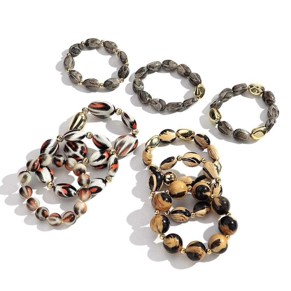 Personality Leopard Print Irregular Beaded Stretch Bangles Bracelets Retro Acrylic Geometric Beads Bracelet Women Jewelry