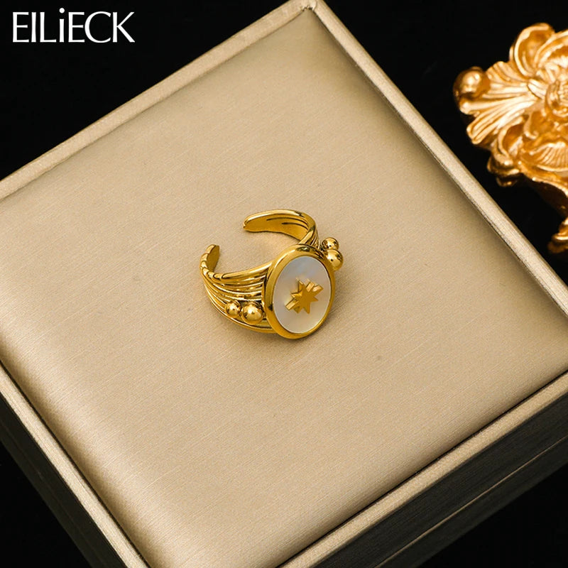 EILIECK 316L Stainless Steel White Stone Star Adjustable Ring For Women Girl Fashion Cuff Finger Ring Waterproof Jewelry Gift