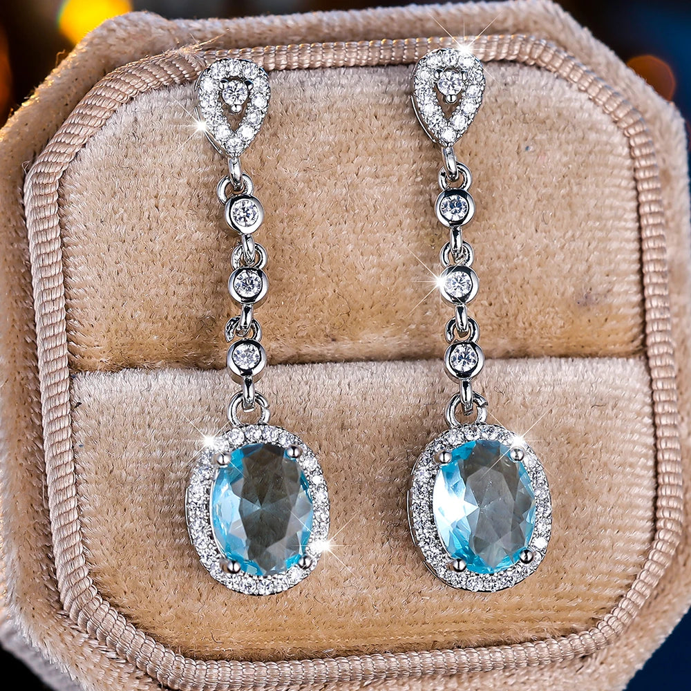 Elegant Female Light Blue Zircon Stone Drop Silver Color Earrings Cute Dangle Boho Long Wedding Jewelry For Women
