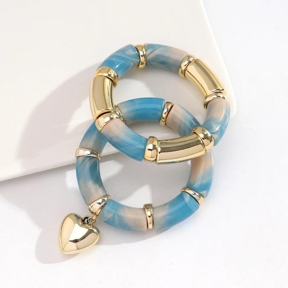 New Acrylic Thick Tube Bead Bracelets Set Fashion Geometric Bamboo Beaded Bangle Bracelets Jewelry Gifts Accessory