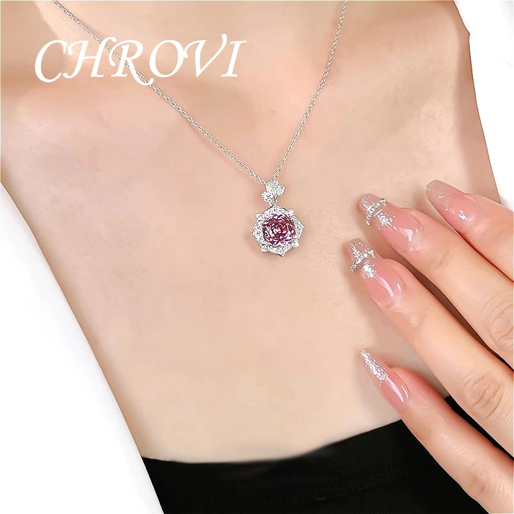 Luxury-Style 925 Sterling Silver Rose Diamond Flower Necklace Pendant Earring Ring Women's Set