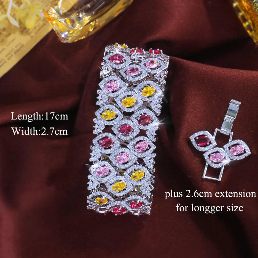 ThreeGraces Vintage Blue Purple Zirconia Big Wide Leaf Bridal Wedding Party Link Chain Bracelet for Women Prom Jewelry B605