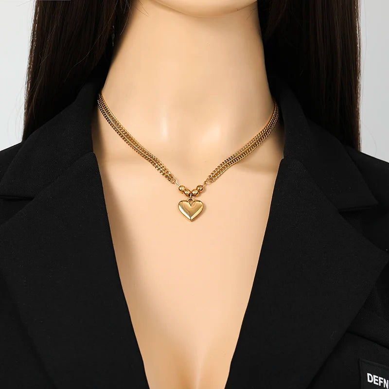 EILIECK 316L Stainless Steel Heart Love Pendant Necklace Statement Golden Glossy Thick Chunky Collar Dangle Neck Chain Jewelry